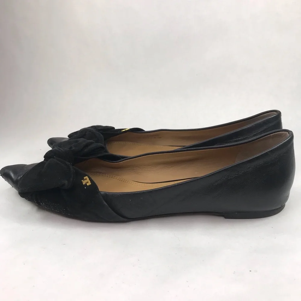 Tory Burch Women's Size 10 Eleanor Flat Black Leather Bow Pointed Toe Shoes